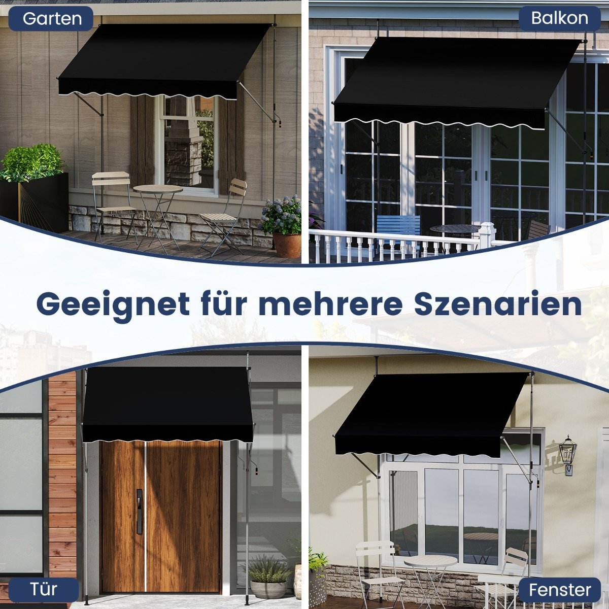 Retractable Awning, No-Drill, Adjustable Height, 300cm, Black