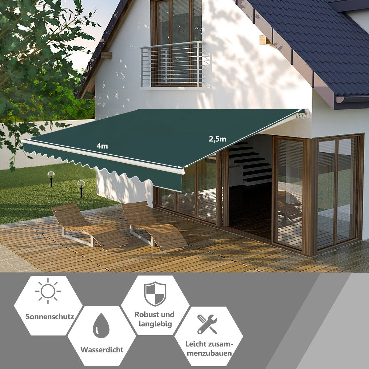 Retractable Awning with Crank, 400x250 cm, Green