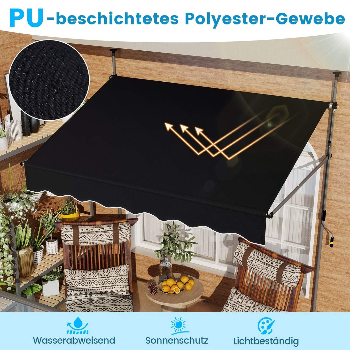Retractable Balcony Awning, 200cm, No-Drill, UV-Resistant