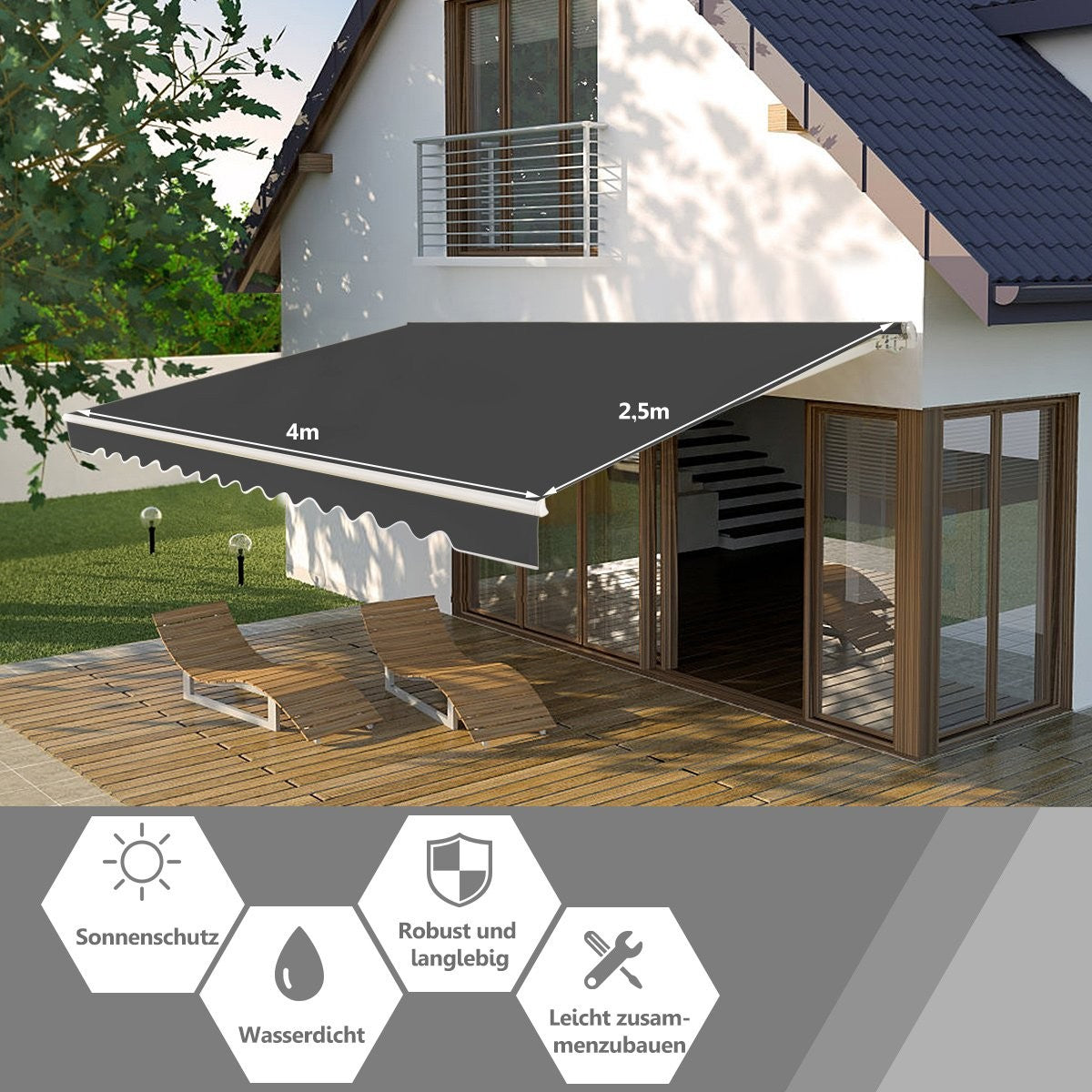 Retractable Balcony Awning, 400x250 cm, Grey, Sun Protection