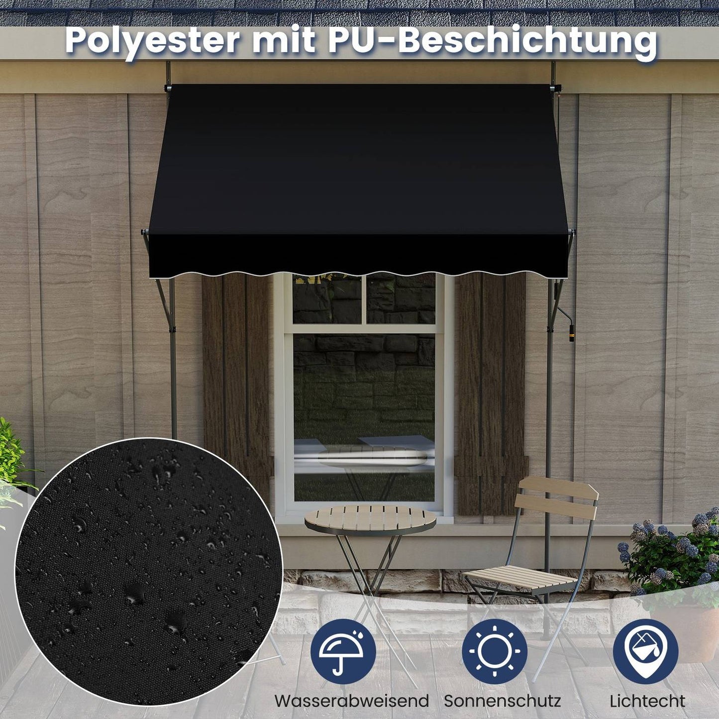 Retractable Balcony Awning, No-Drill, UV-Resistant, 200 cm, Black
