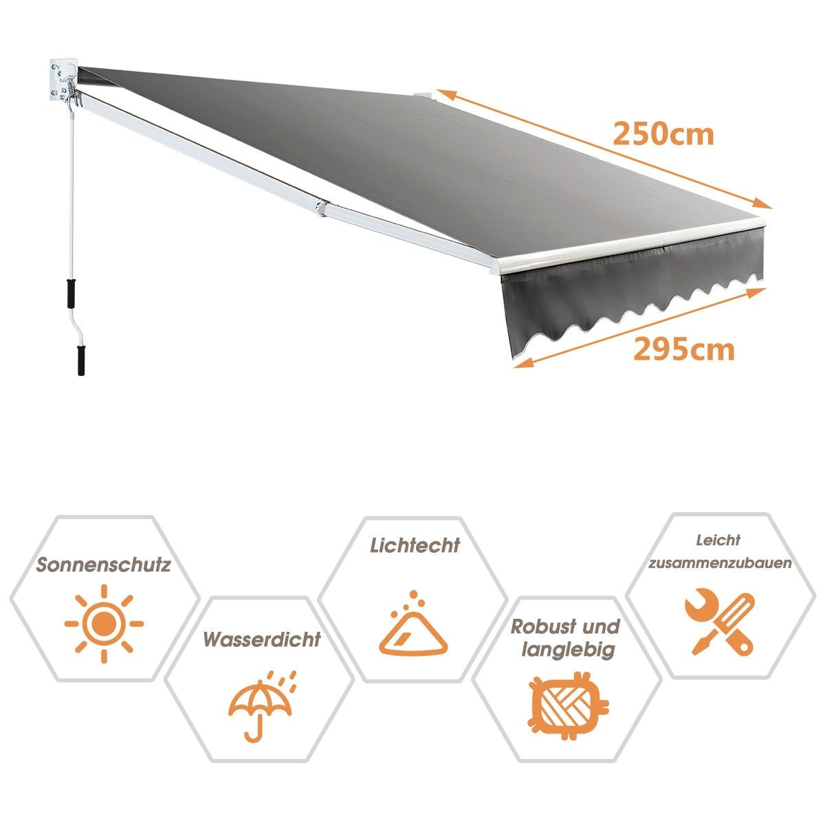 Retractable Patio Awning, 295x250 cm, Grey, Aluminum
