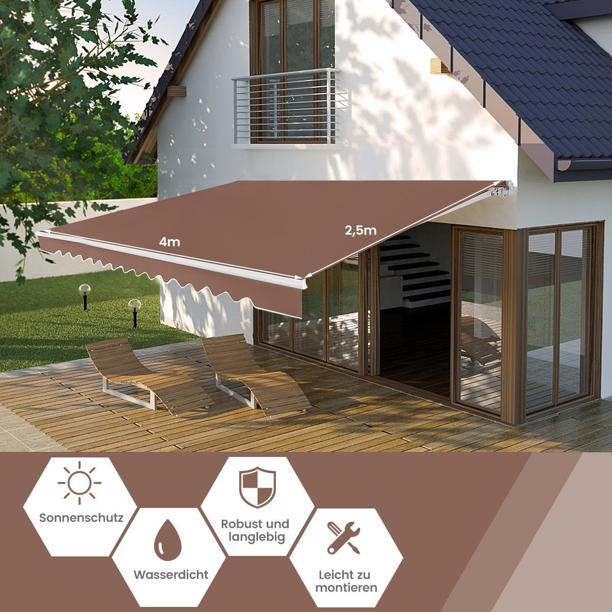 Retractable Patio Awning, 400x250 cm, Brown, UV Protection