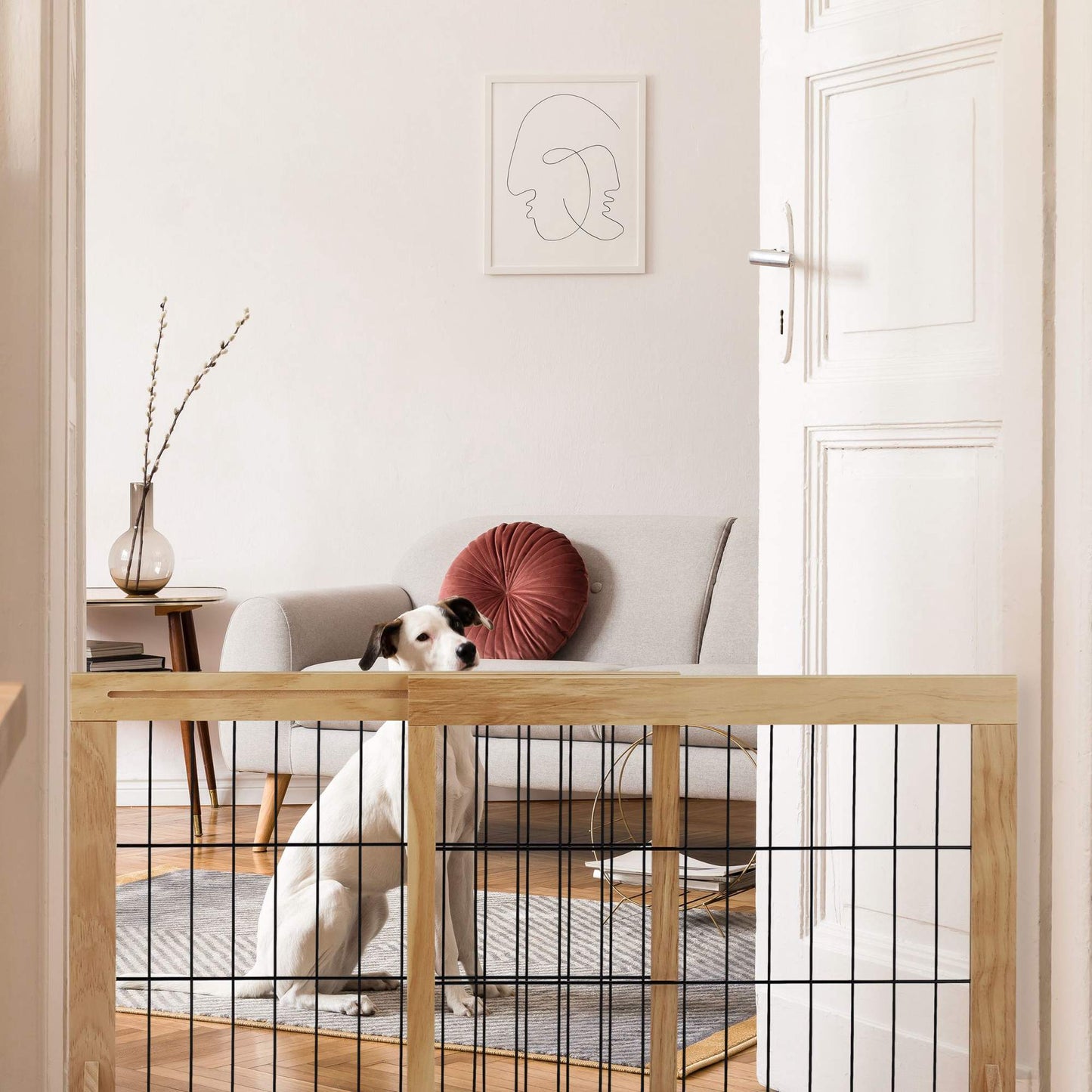 Retractable security gate in natural wood