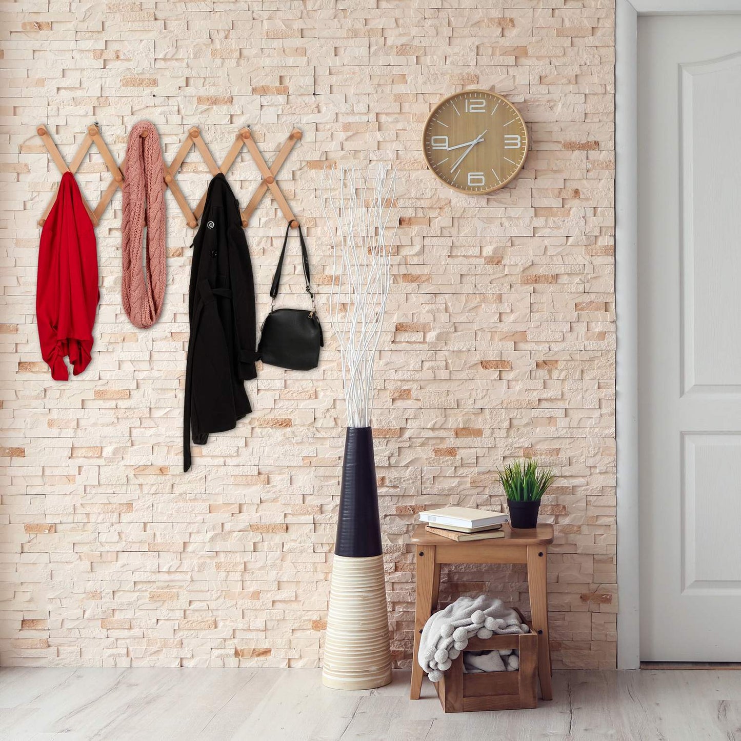 Retractable wall coat hanger in wood
