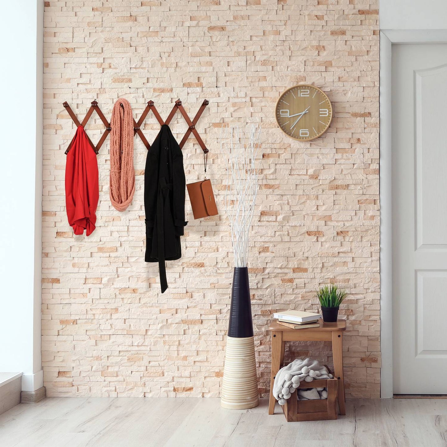 Retractable wall coat hanger in wood
