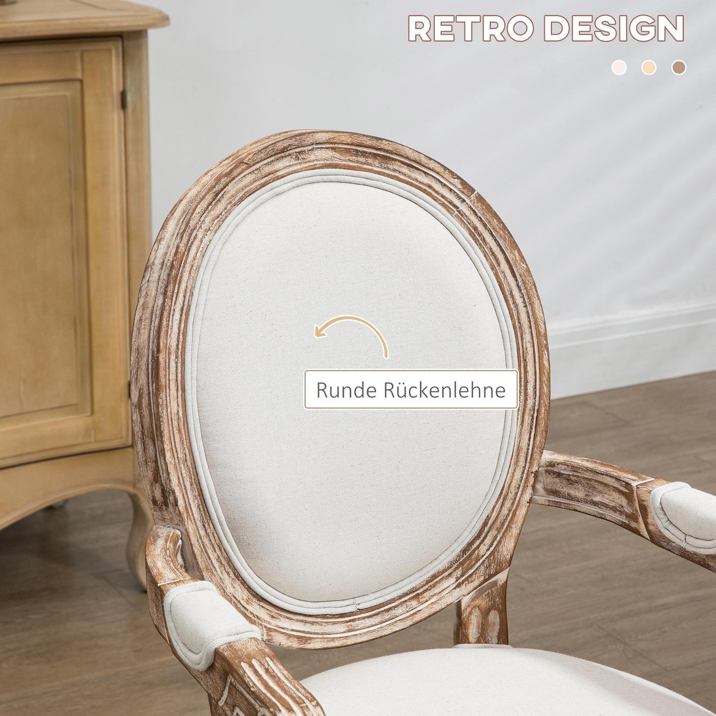 Upholstered dining chair with armrests, wooden frame, cream