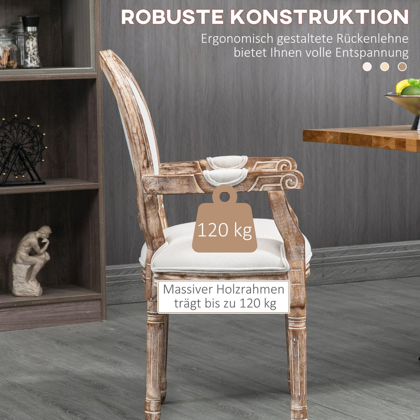Upholstered dining chair with armrests, wooden frame, cream