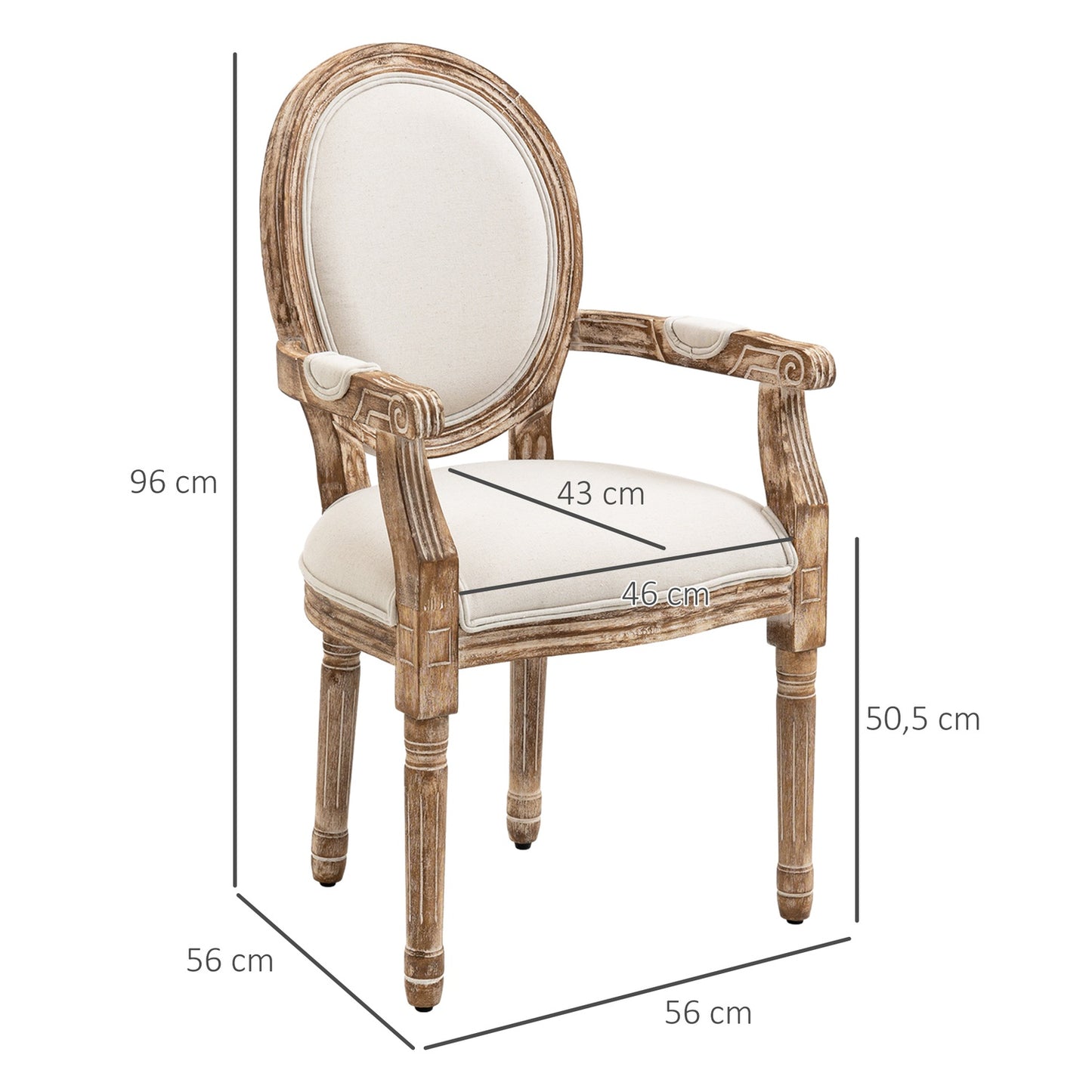 Upholstered dining chair with armrests, wooden frame, cream
