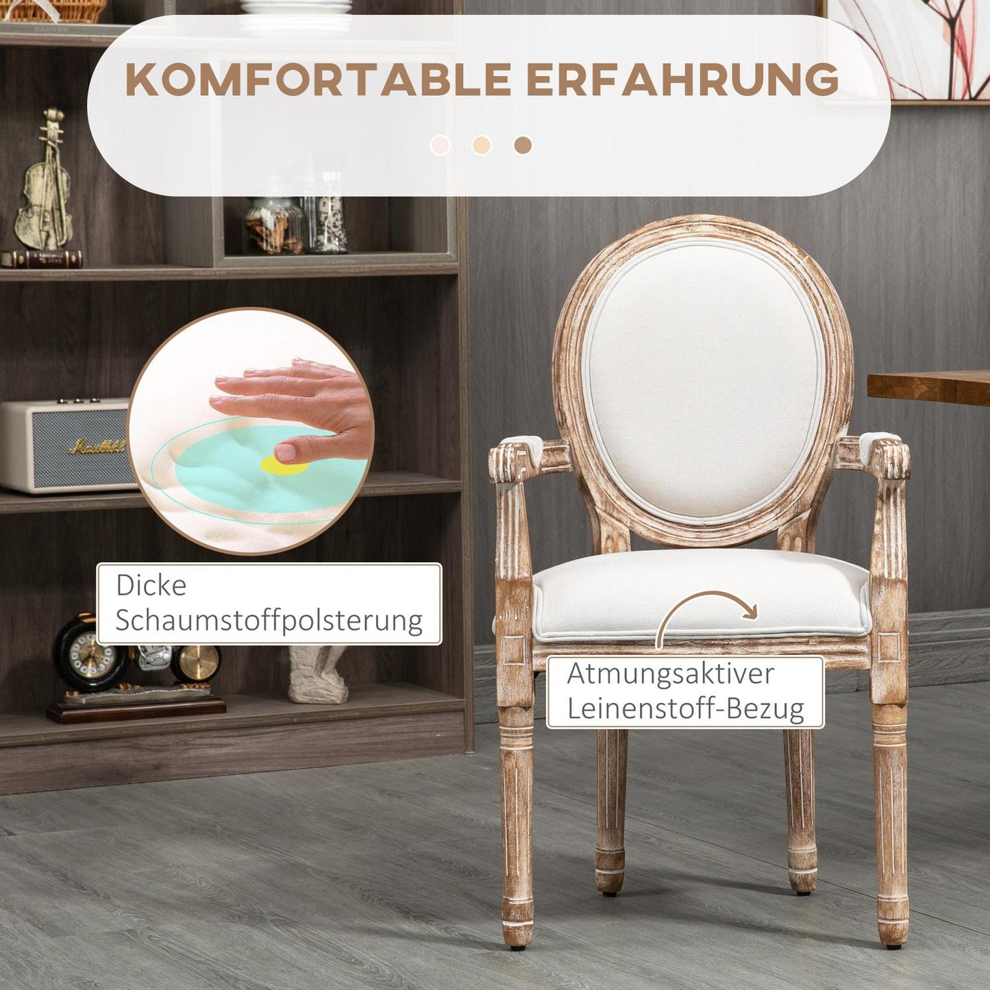 Upholstered dining chair with armrests, wooden frame, cream