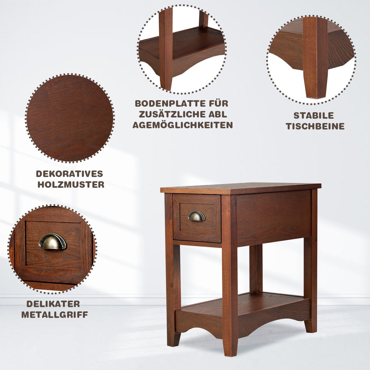 Retro side table with drawer & shelf rubber wood legs for living room & bedroom red brown