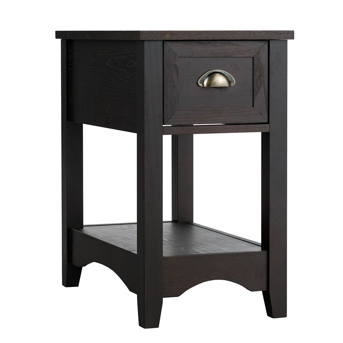 Retro side table with drawer & shelf rubber wood legs for living room & bedroom walnut