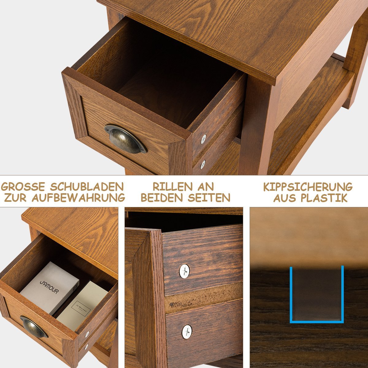 Retro side table with drawer & shelf rubber wood legs for living room & bedroom yellow brown