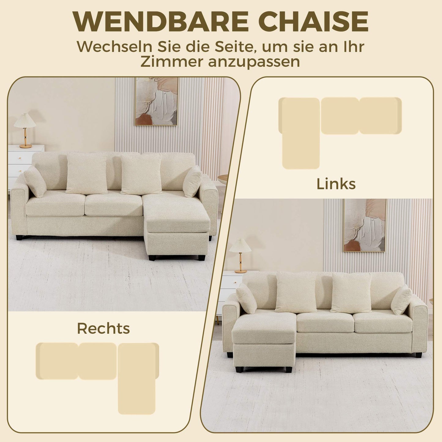 Reversible Chaise 3-Seater Velvet Sofa, Beige, Deep Seats