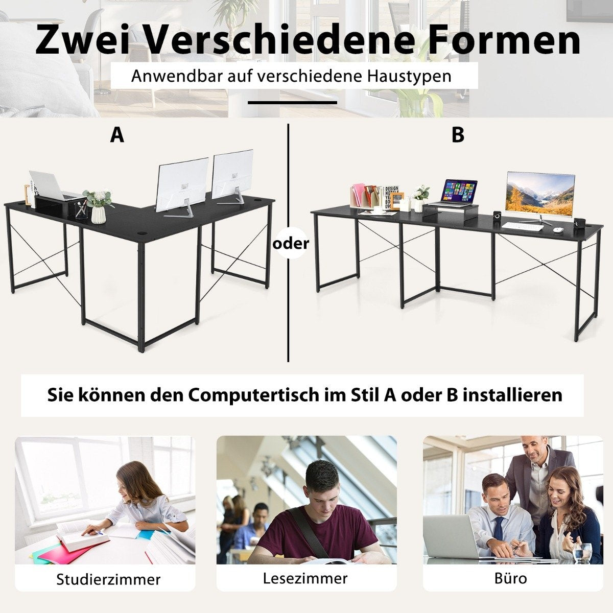 Reversible L-Shaped Computer Desk with Monitor Stand