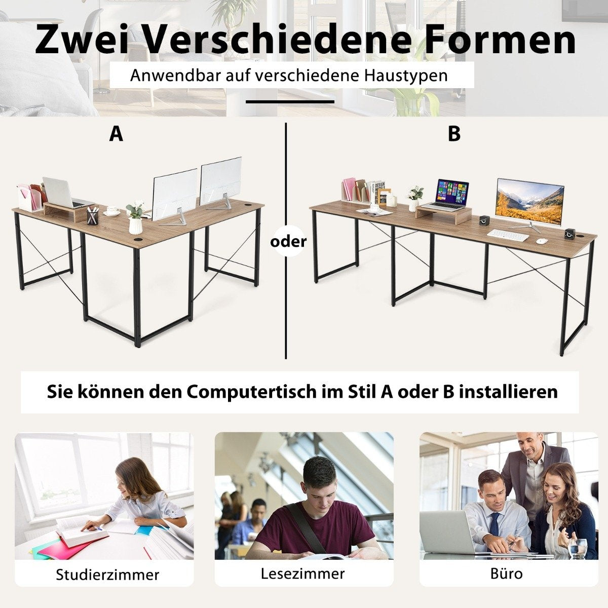 Reversible L-Shaped Computer Desk with Monitor Stand