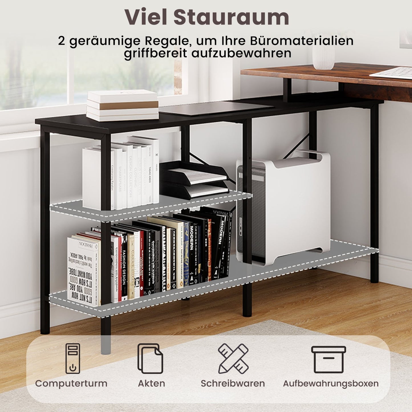 Reversible L-Shaped Desk with Shelves, Rustic Brown