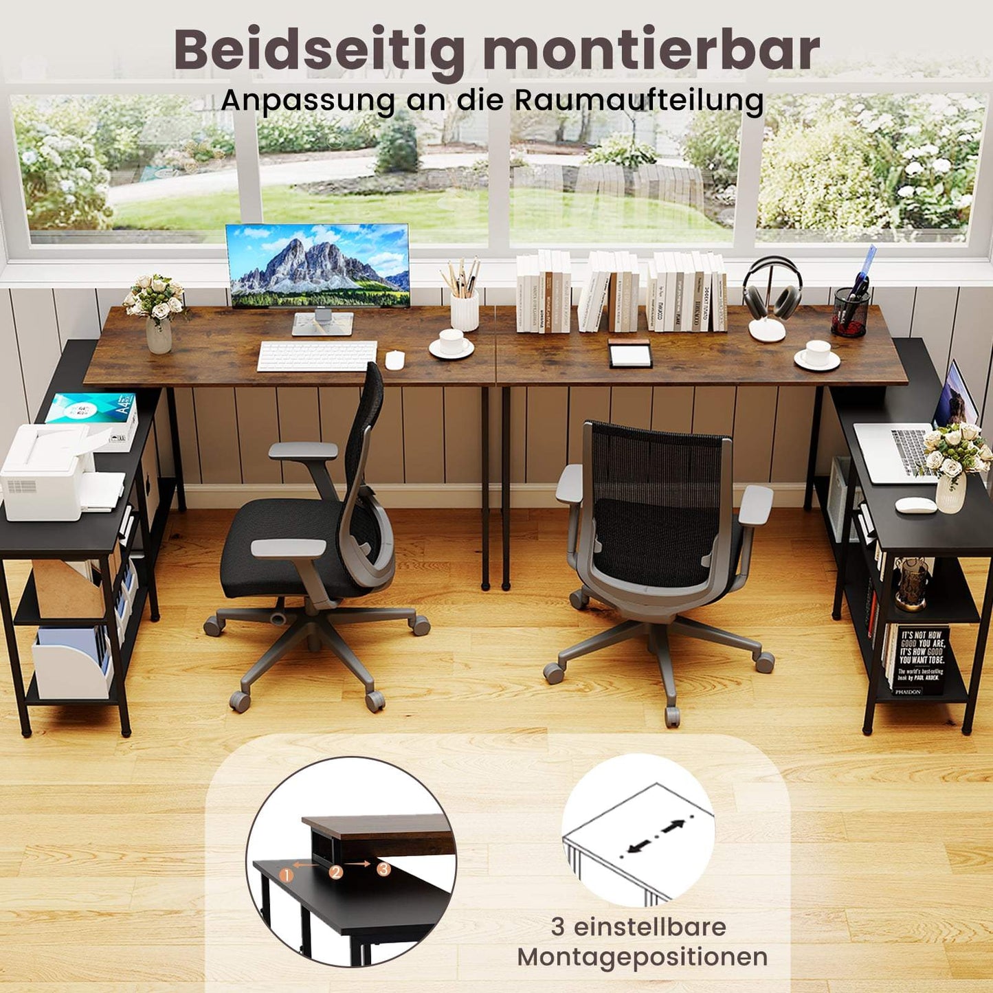 Reversible L-Shaped Desk with Shelves, Rustic Brown