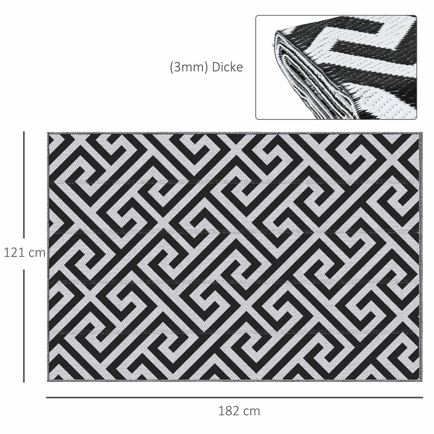 Reversible Outdoor Rug, Durable, Black/White, 121 x 182 cm