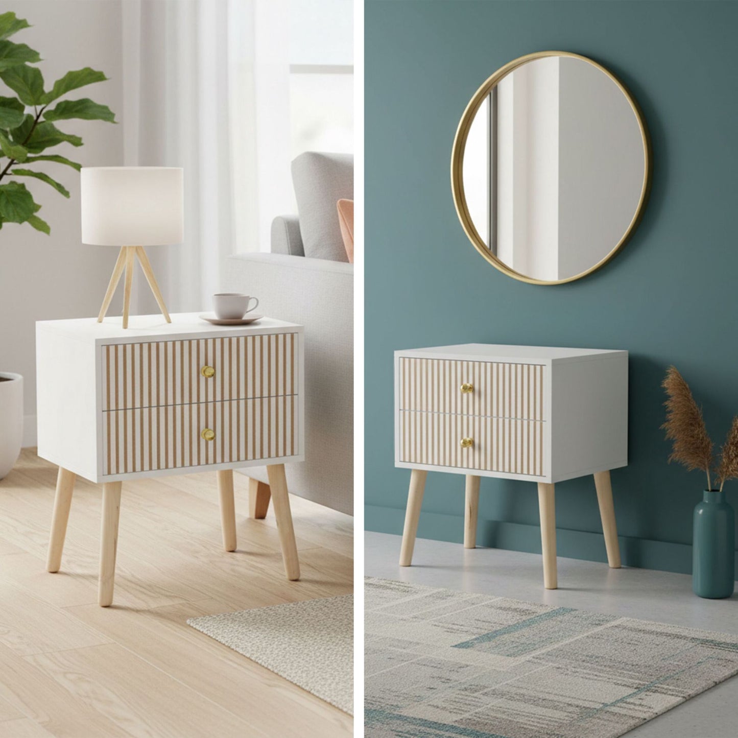 Ribbed Bedside Table, 2 Drawers, Scandinavian Style