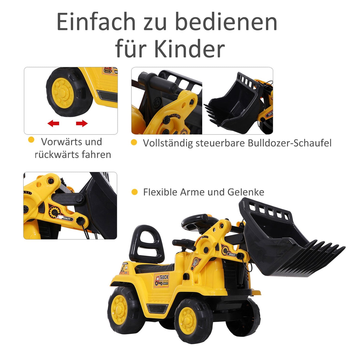 Excavator for children with storage and horn, yellow/black