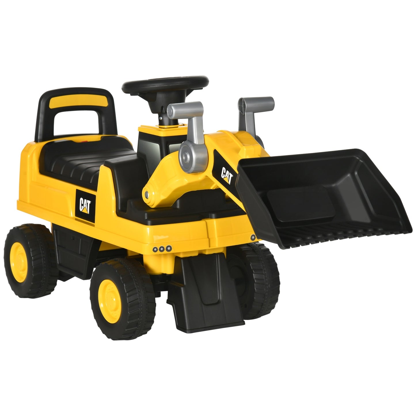 Riding excavator toy with shovel and horn, yellow/black