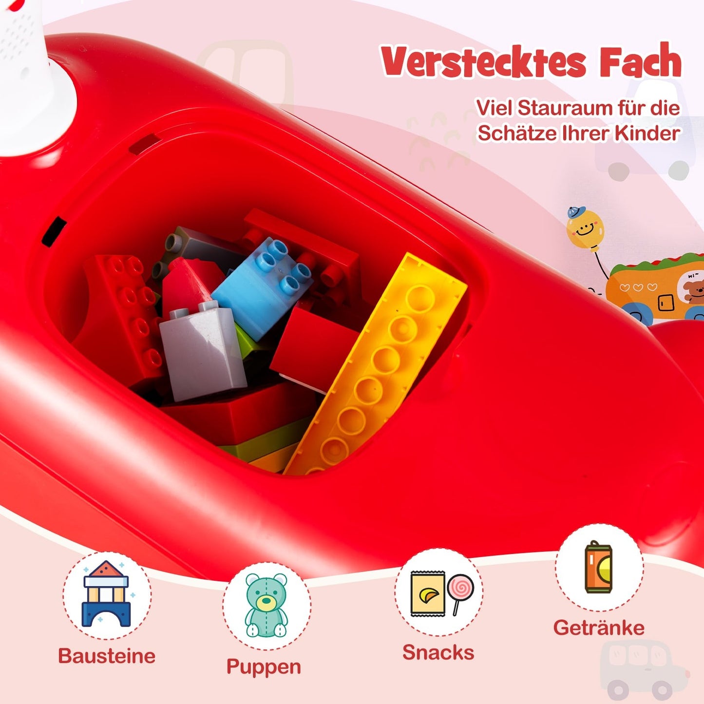 Ride-On Car for Toddlers with Horn & Storage, Red