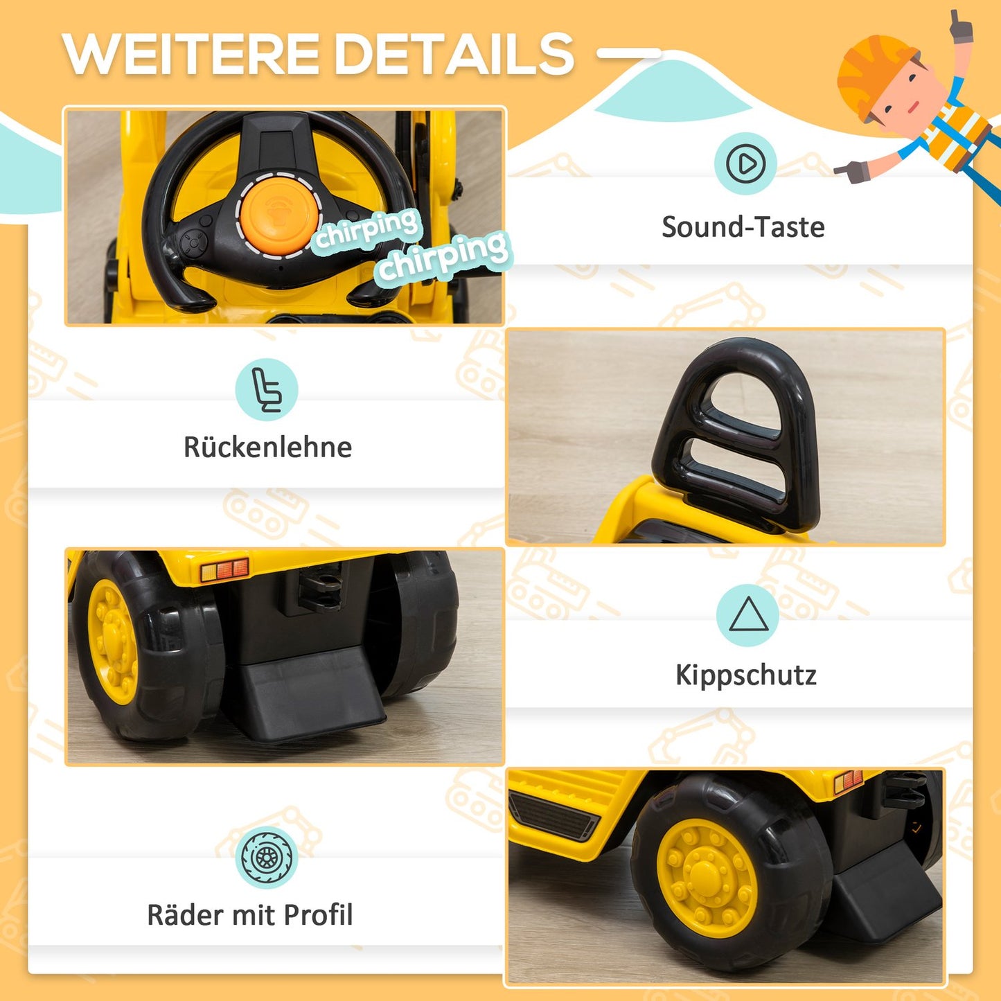 Riding excavator toy with shovel and sound, 3-4 years, yellow