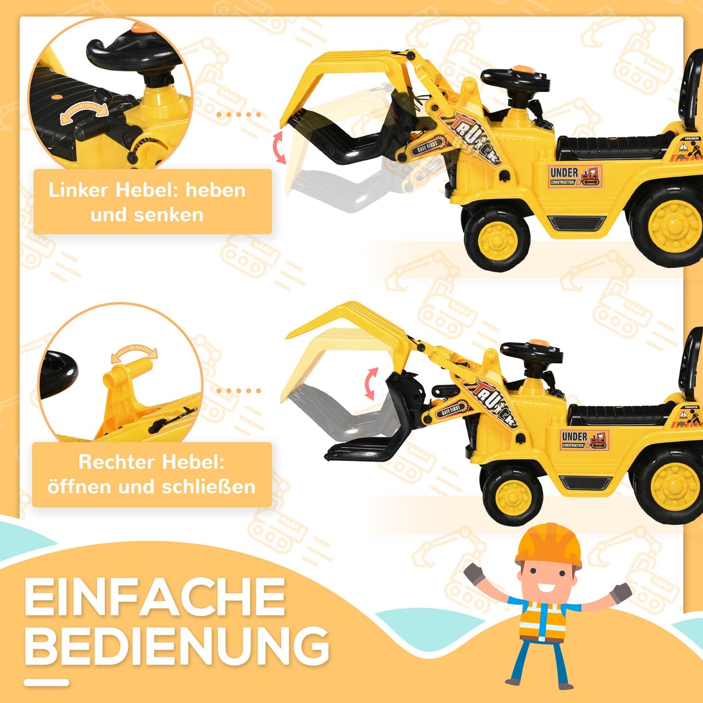 Riding excavator toy with shovel and sound, 3-4 years, yellow