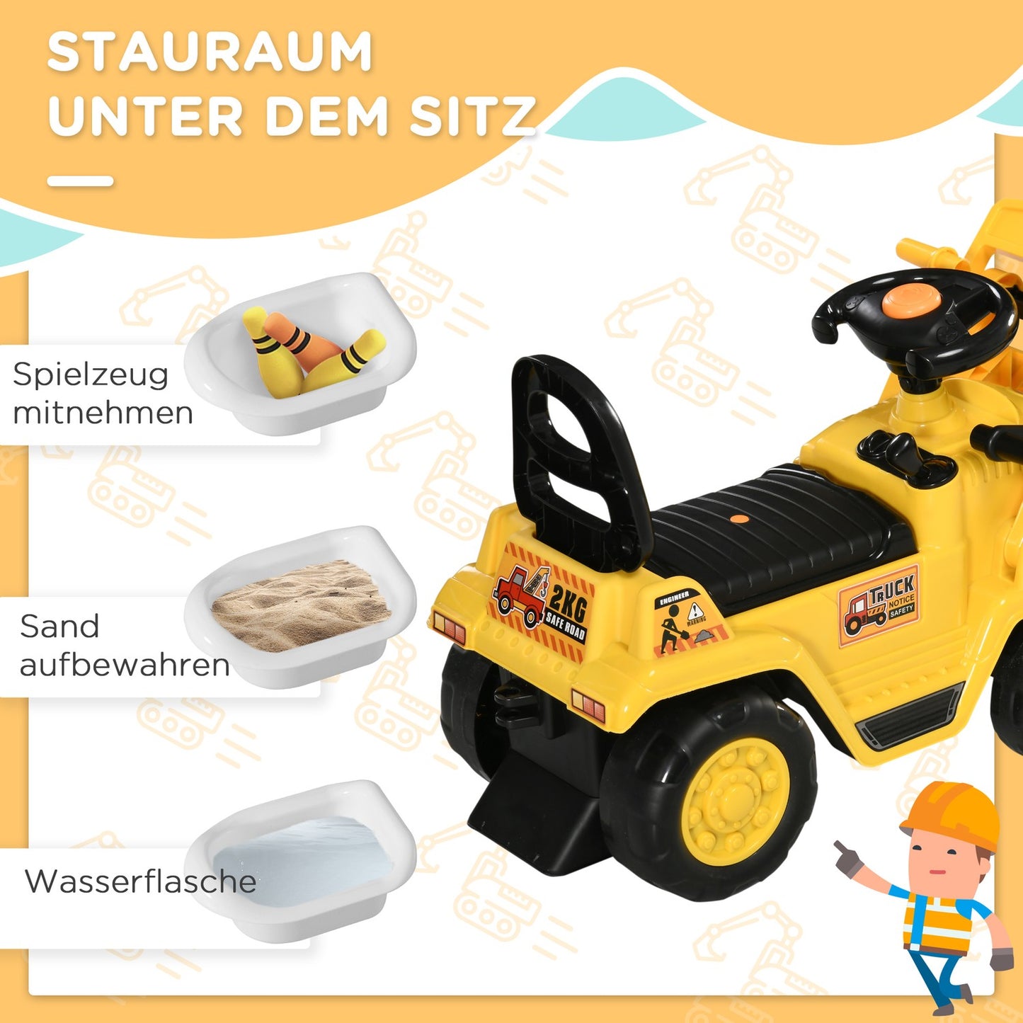 Riding excavator toy with shovel and sound, 3-4 years, yellow