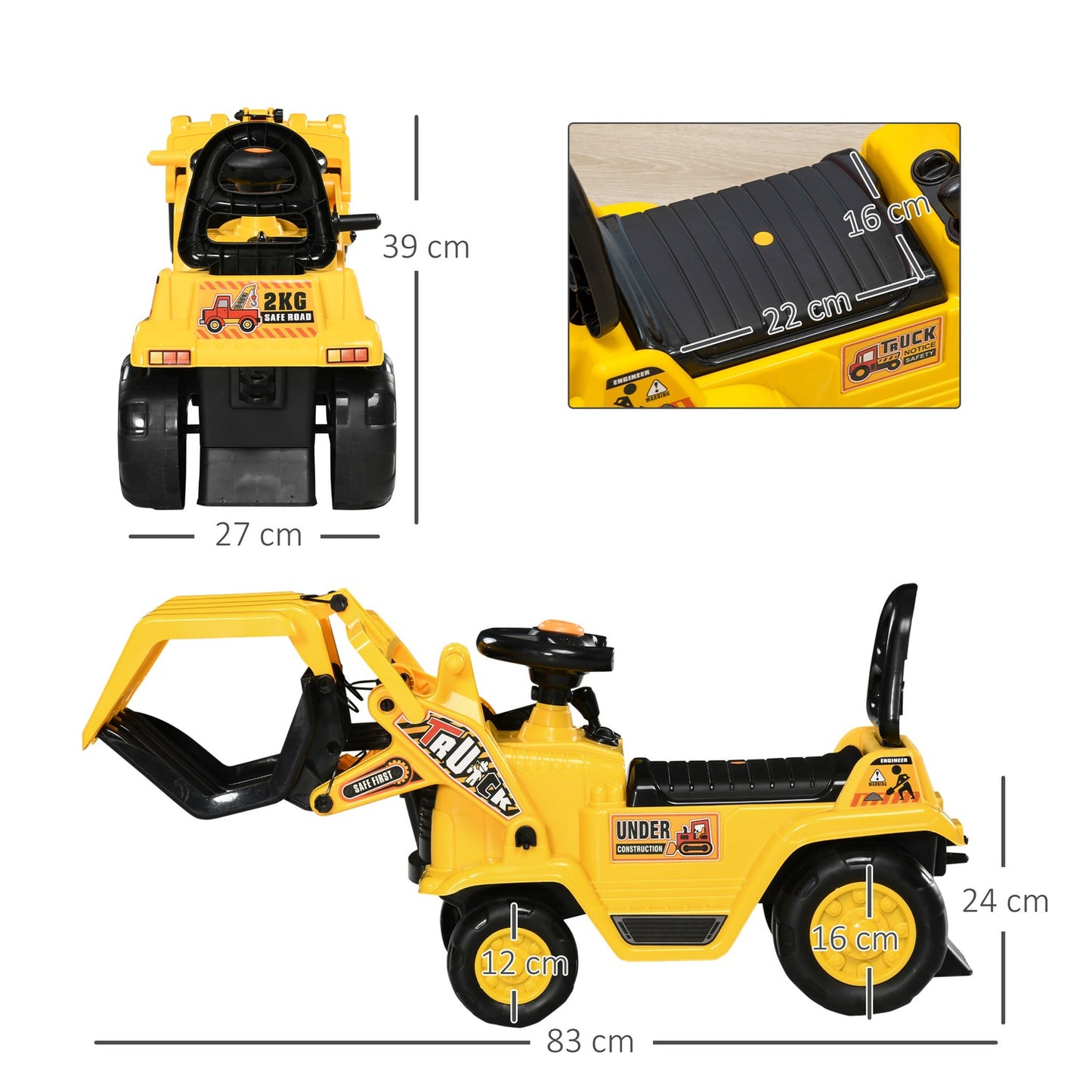 Riding excavator toy with shovel and sound, 3-4 years, yellow
