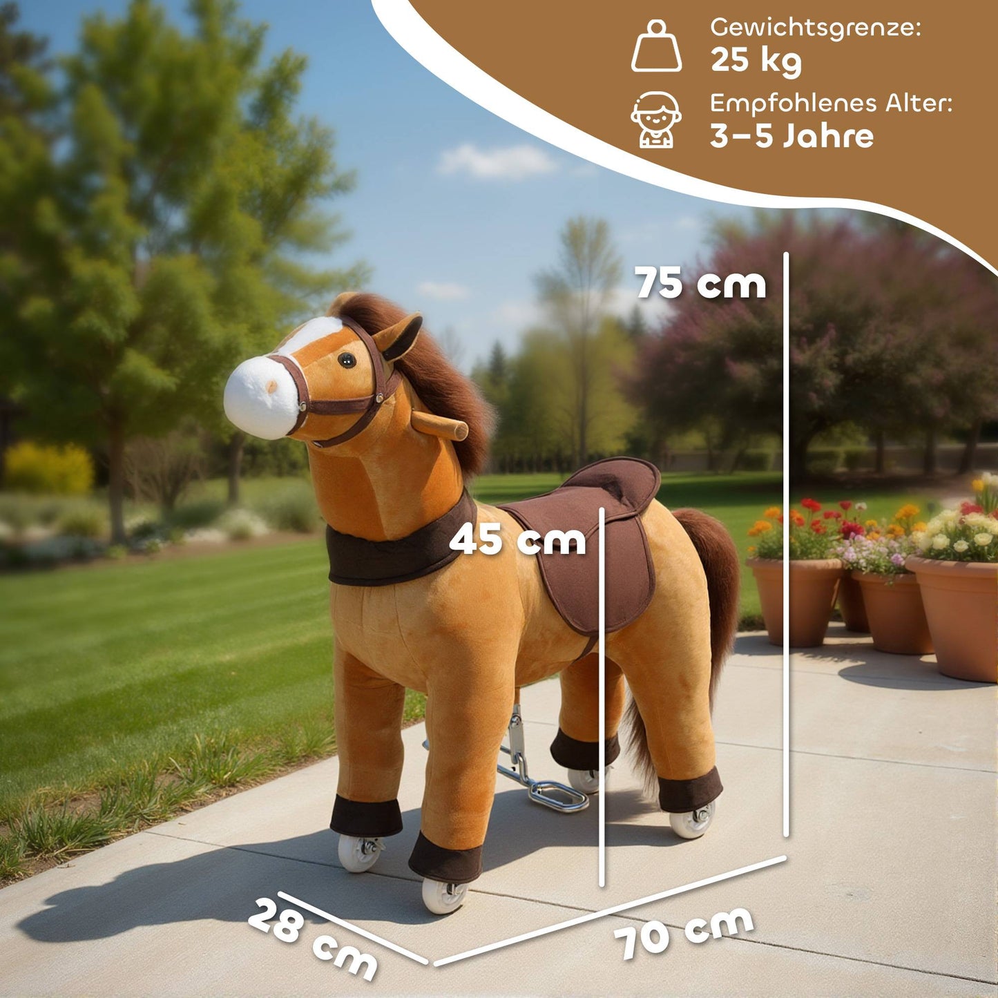 Ride-On Horse for Kids, Soft Fabric, Ages 3-5, Dark Brown