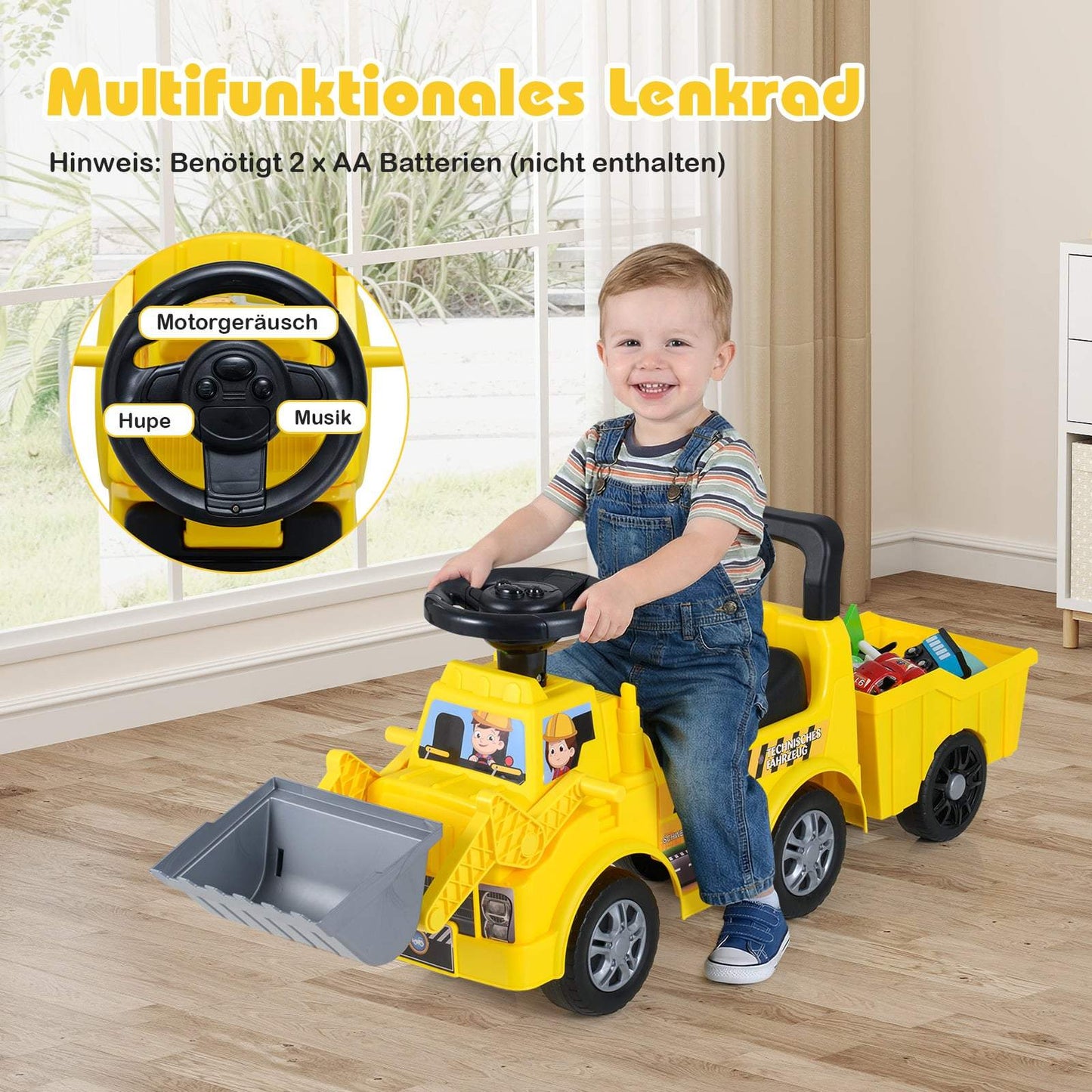 Ride-On Kids Excavator with Detachable Trailer, Yellow