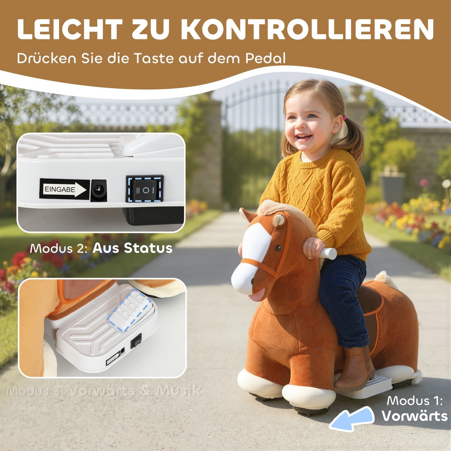 Ride-On Toy Horse for Kids, Soft Cover, Music, 1.5-5 Years