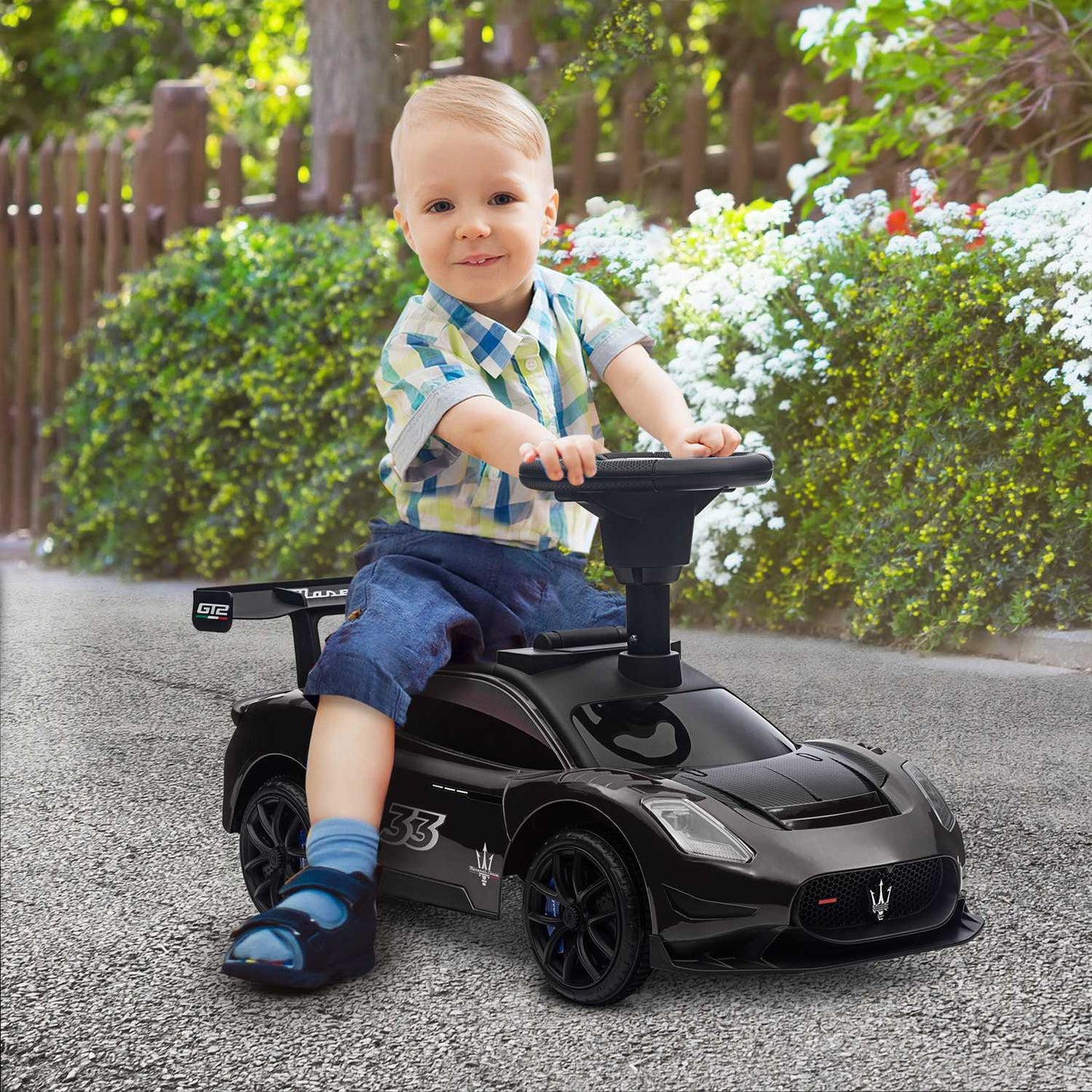Ride-on car with storage, music and horn for ages 1.5-5, black