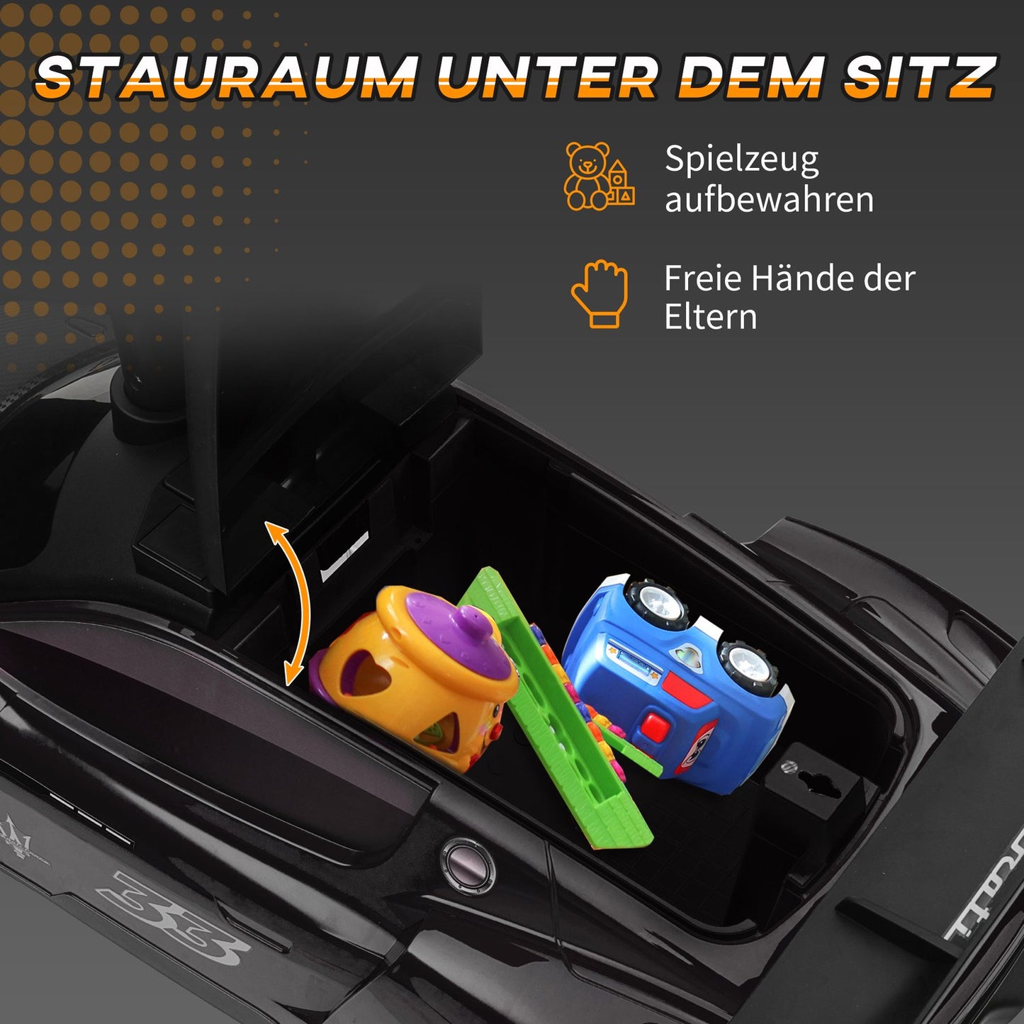 Ride-on car with storage, music and horn for ages 1.5-5, black