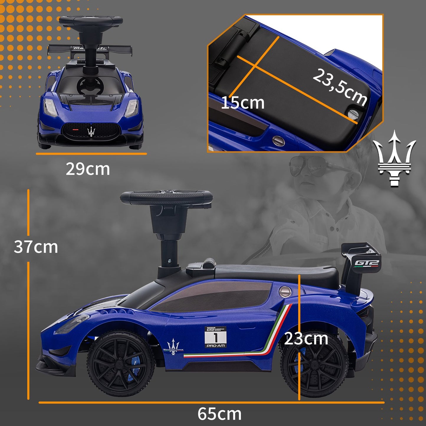 Ride-on car for children 1.5–5 years with storage and music