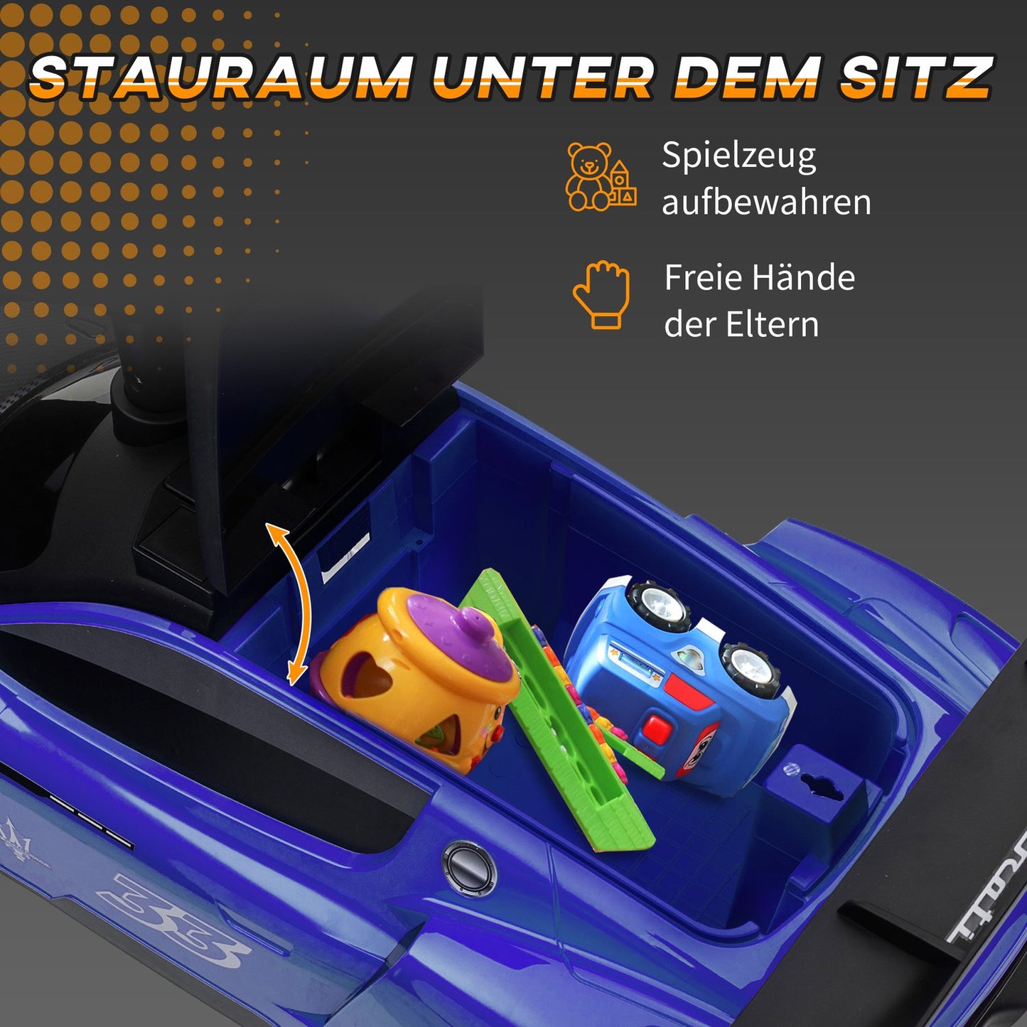 Ride-on car for children 1.5–5 years with storage and music