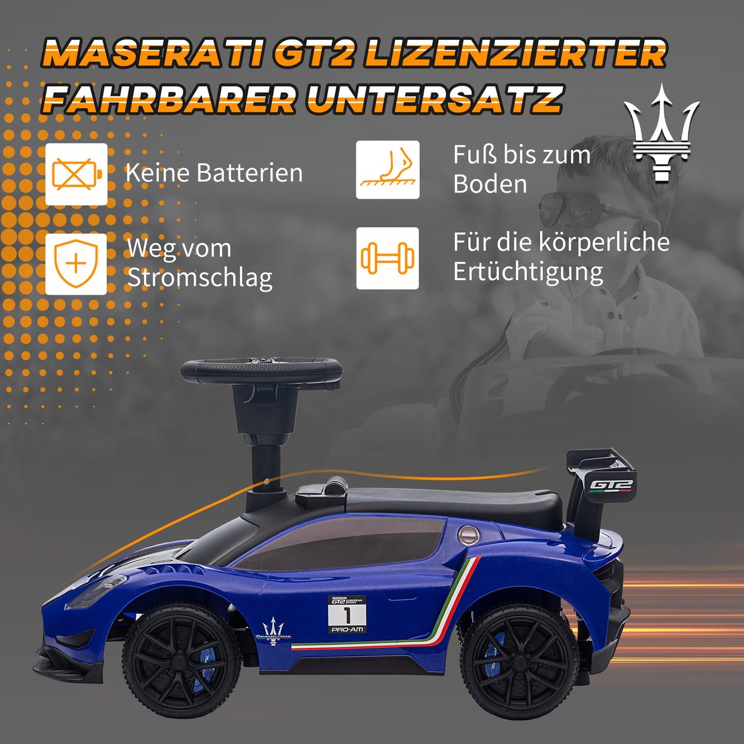 Ride-on car for children 1.5–5 years with storage and music