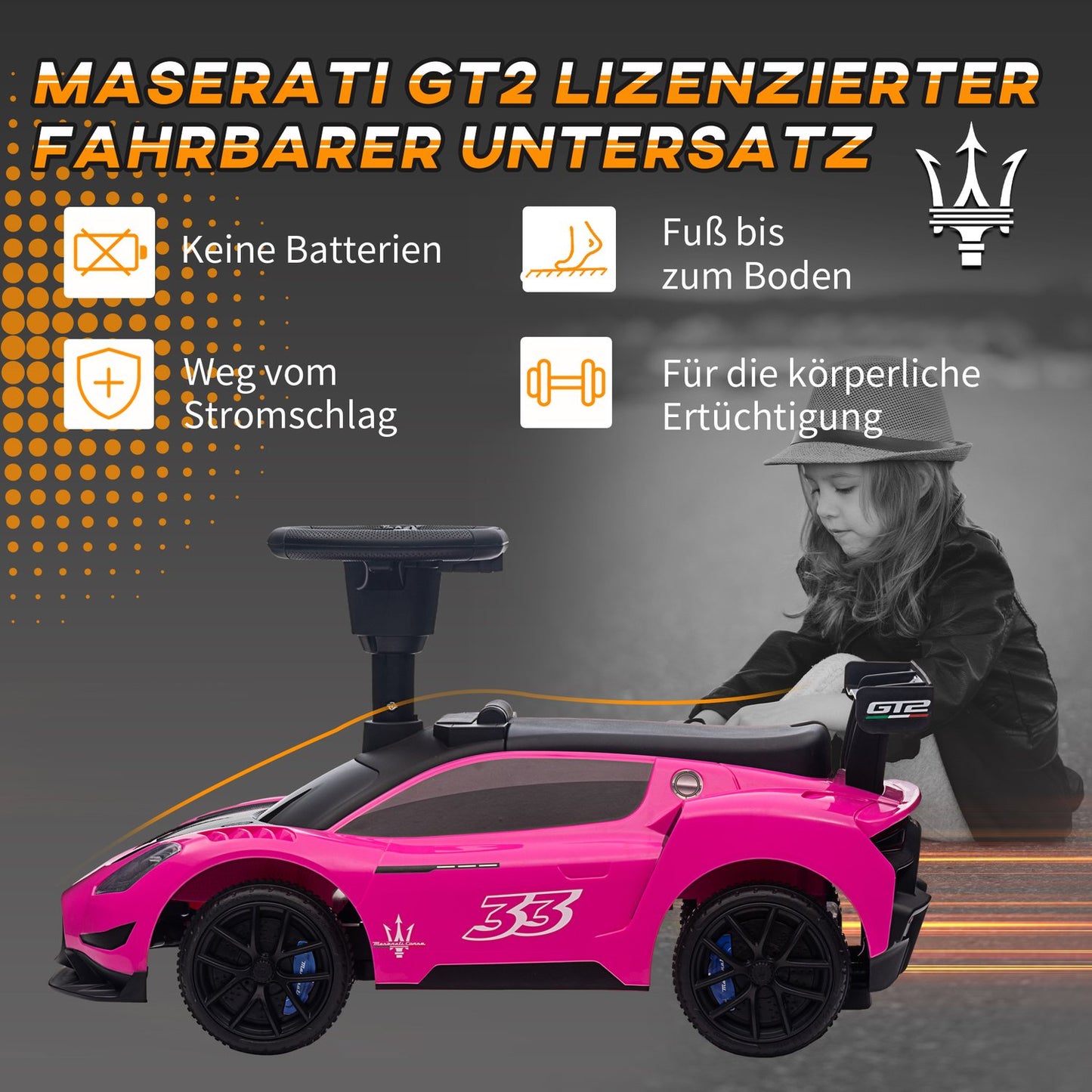 Pink ride-on car with storage, horn & music for children 1.5–5 years
