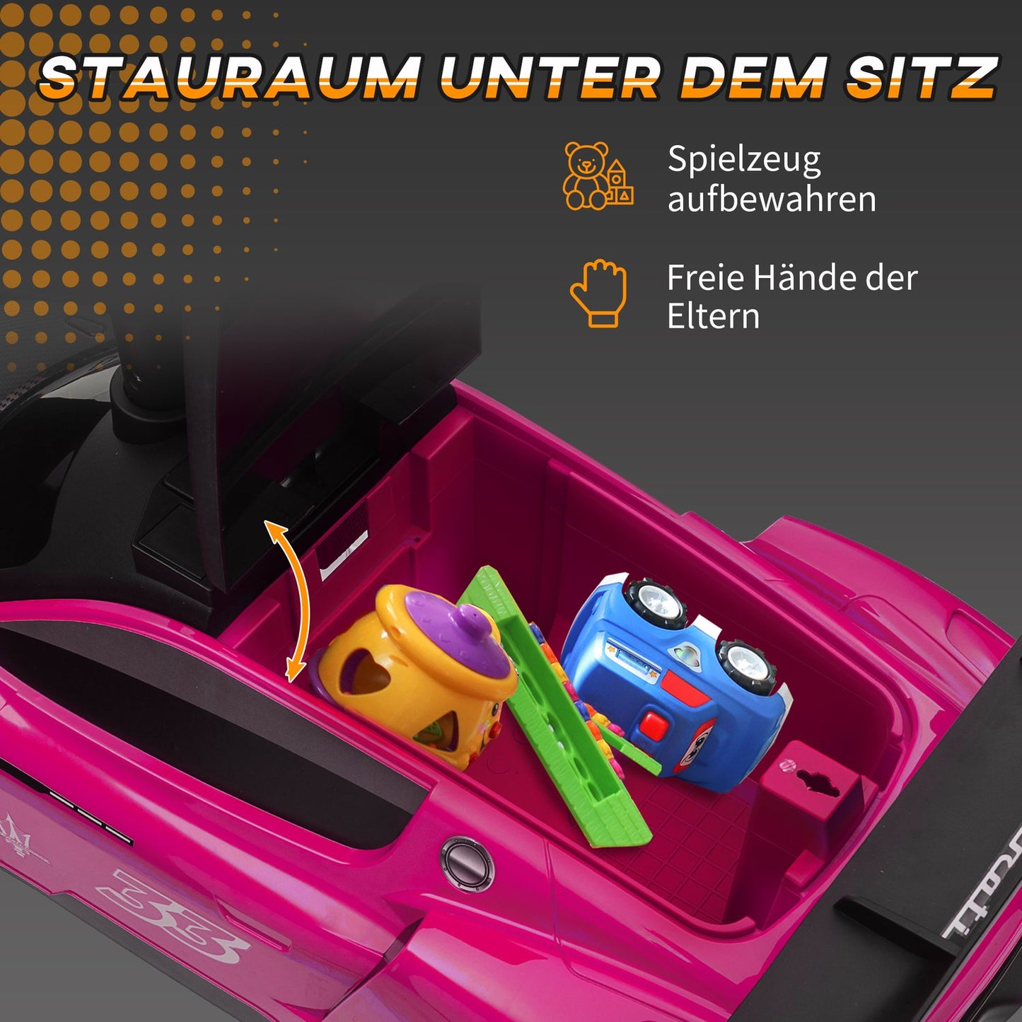 Pink ride-on car with storage, horn & music for children 1.5–5 years