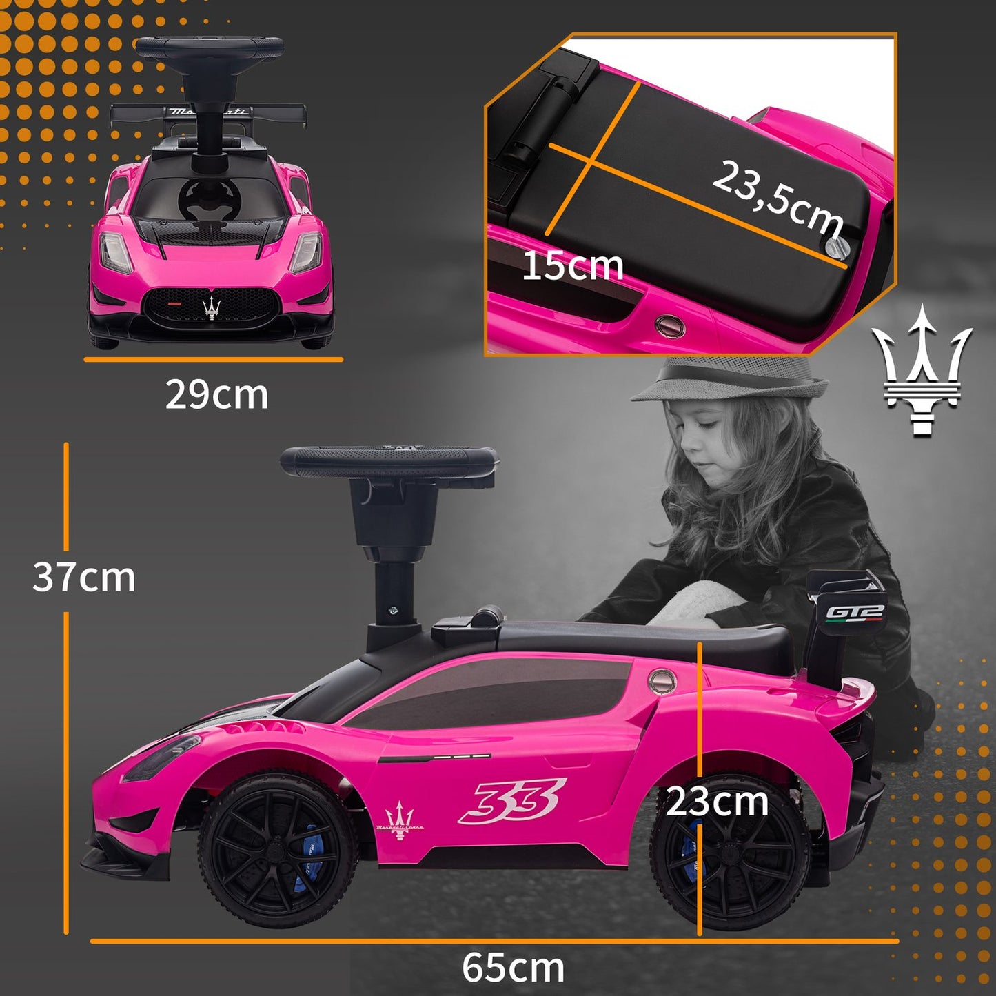 Pink ride-on car with storage, horn & music for children 1.5–5 years