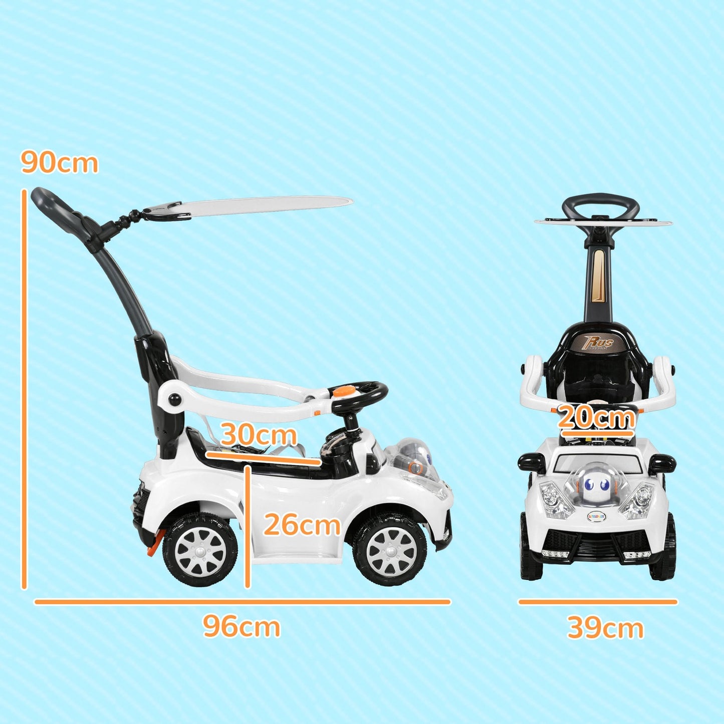 Ride-on car with support bar for children 12-36 months