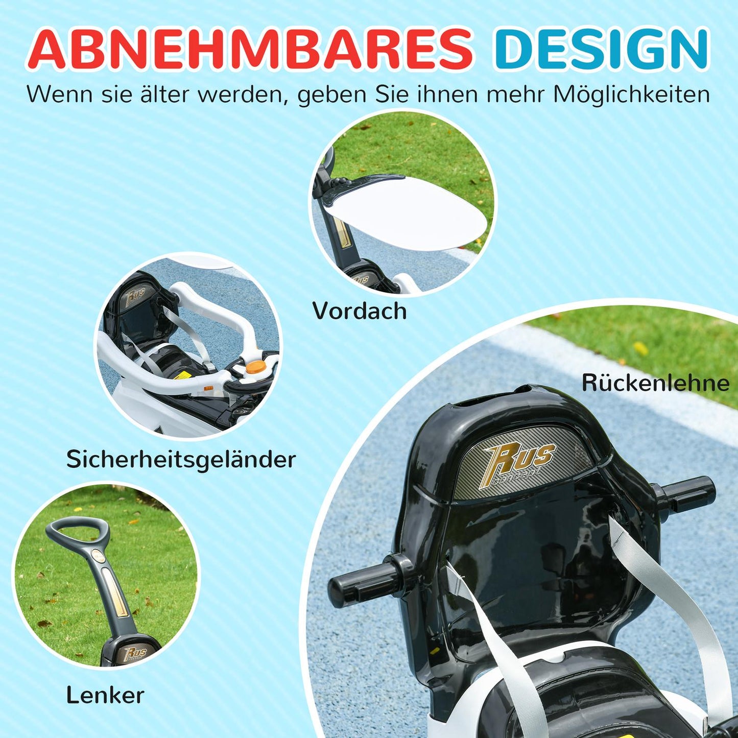Ride-on car with support bar for children 12-36 months