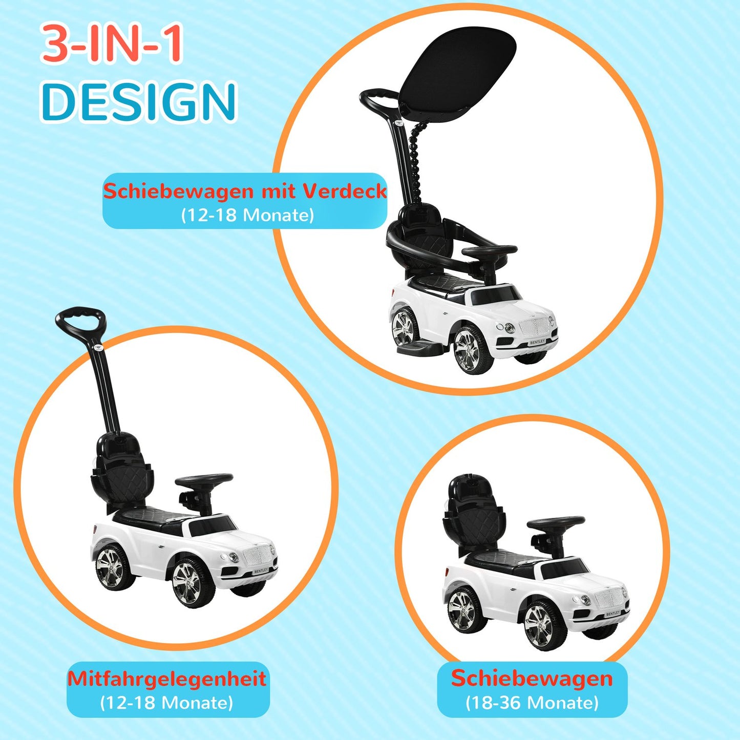 Ride-on car with push bar, 3-in-1, tip protection, 1-3 years