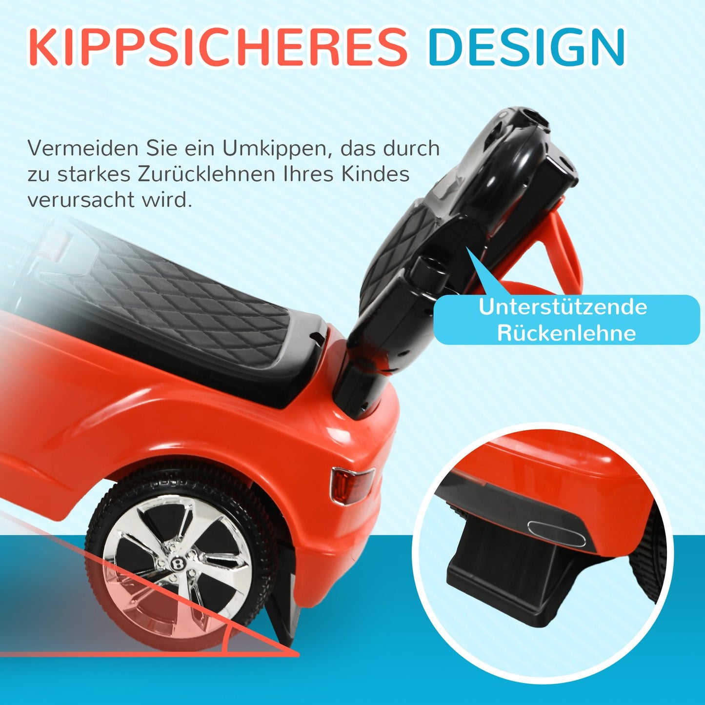 Red 3-in-1 passenger car with push bar and storage, ages 1-3