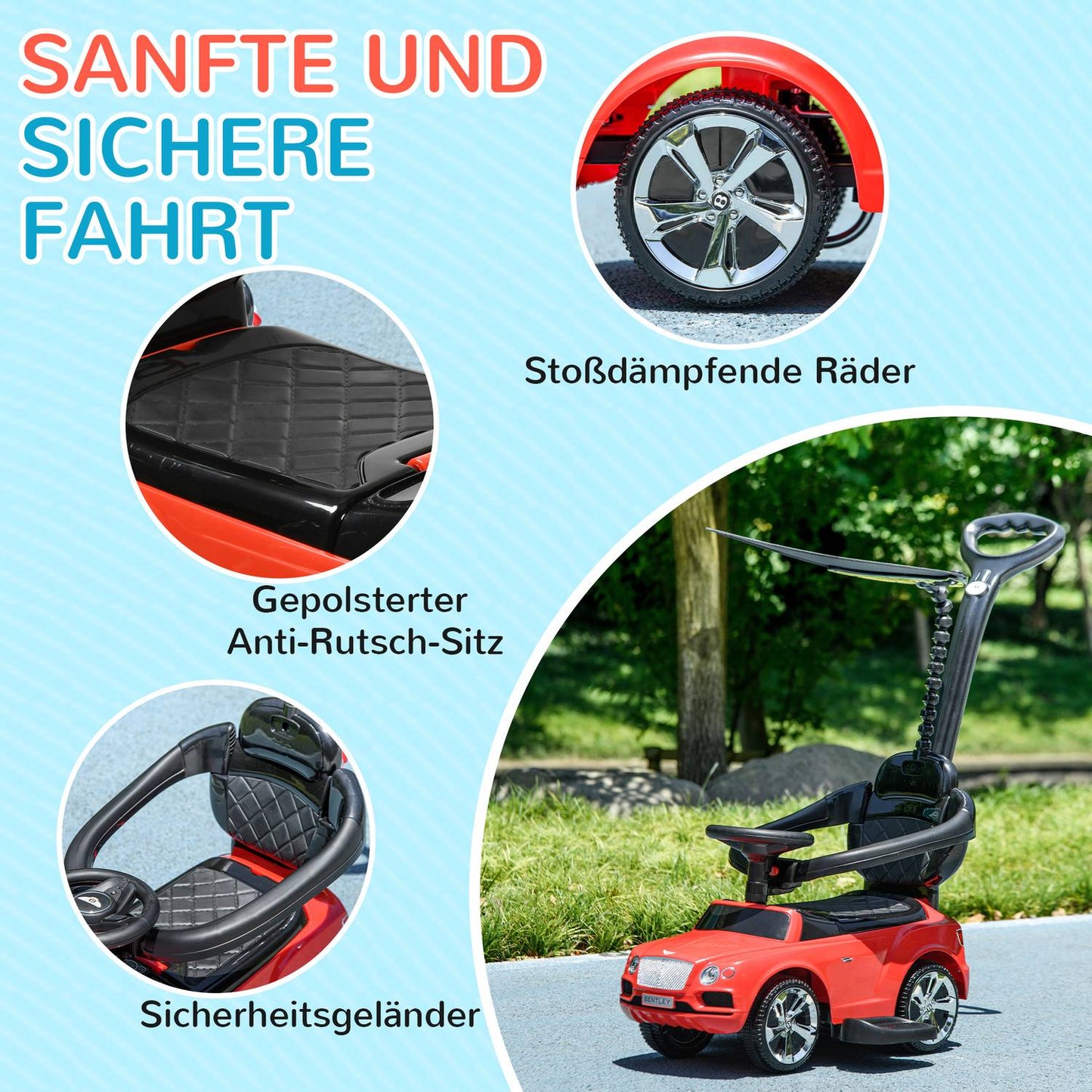 Red 3-in-1 passenger car with push bar and storage, ages 1-3