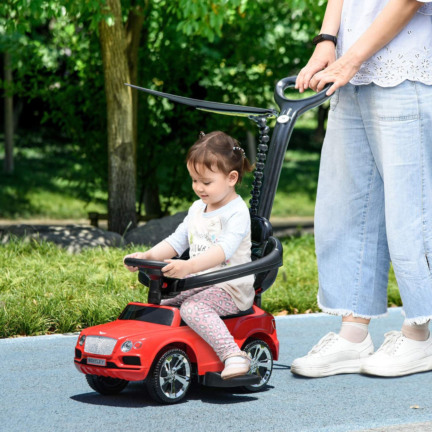 Red 3-in-1 passenger car with push bar and storage, ages 1-3