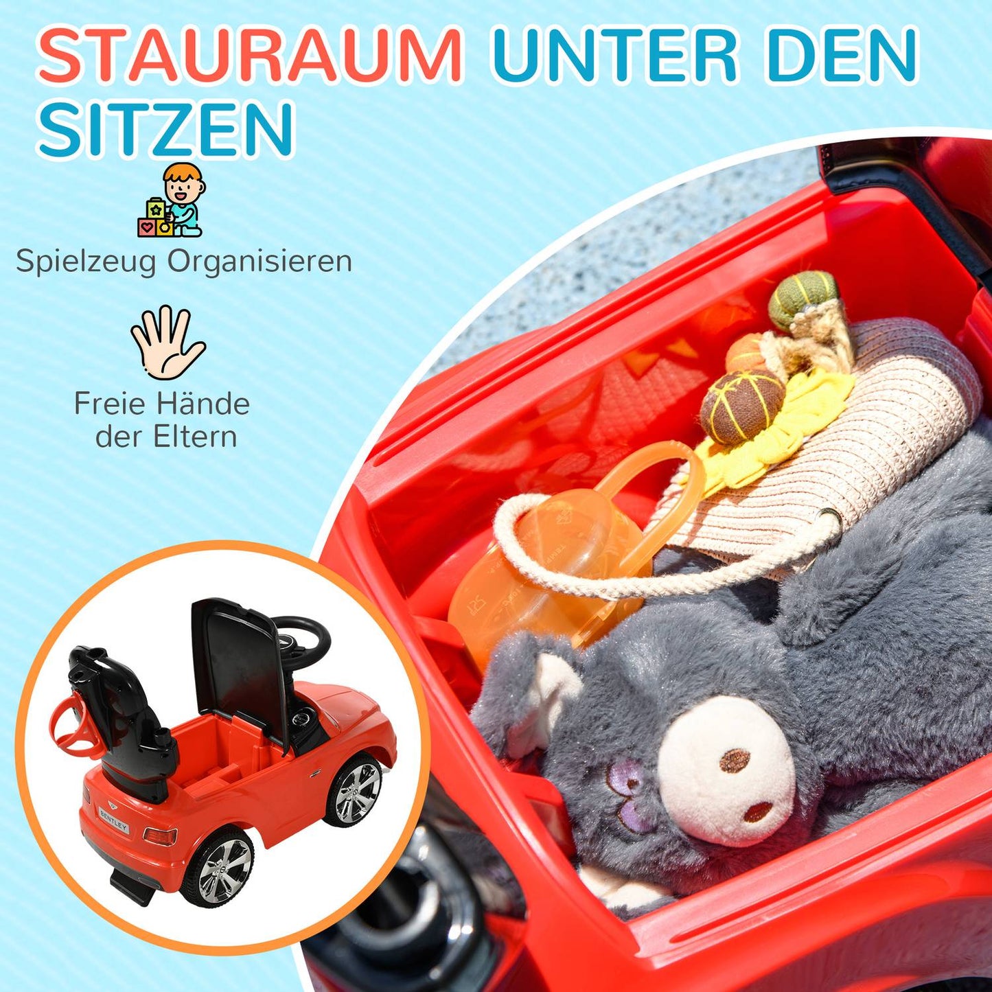 Red 3-in-1 passenger car with push bar and storage, ages 1-3