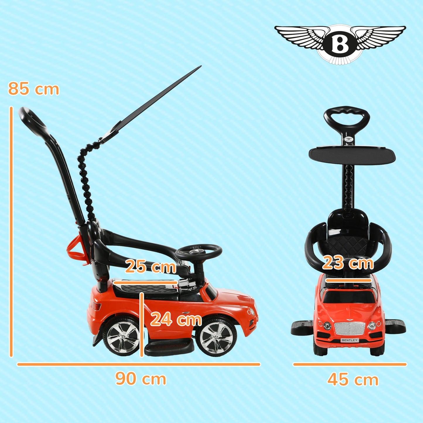 Red 3-in-1 passenger car with push bar and storage, ages 1-3